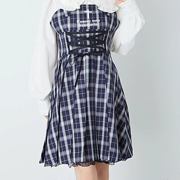 ANK ROUGE Hime Gyaru blue plaid corset front dress - Picture 4 of 8